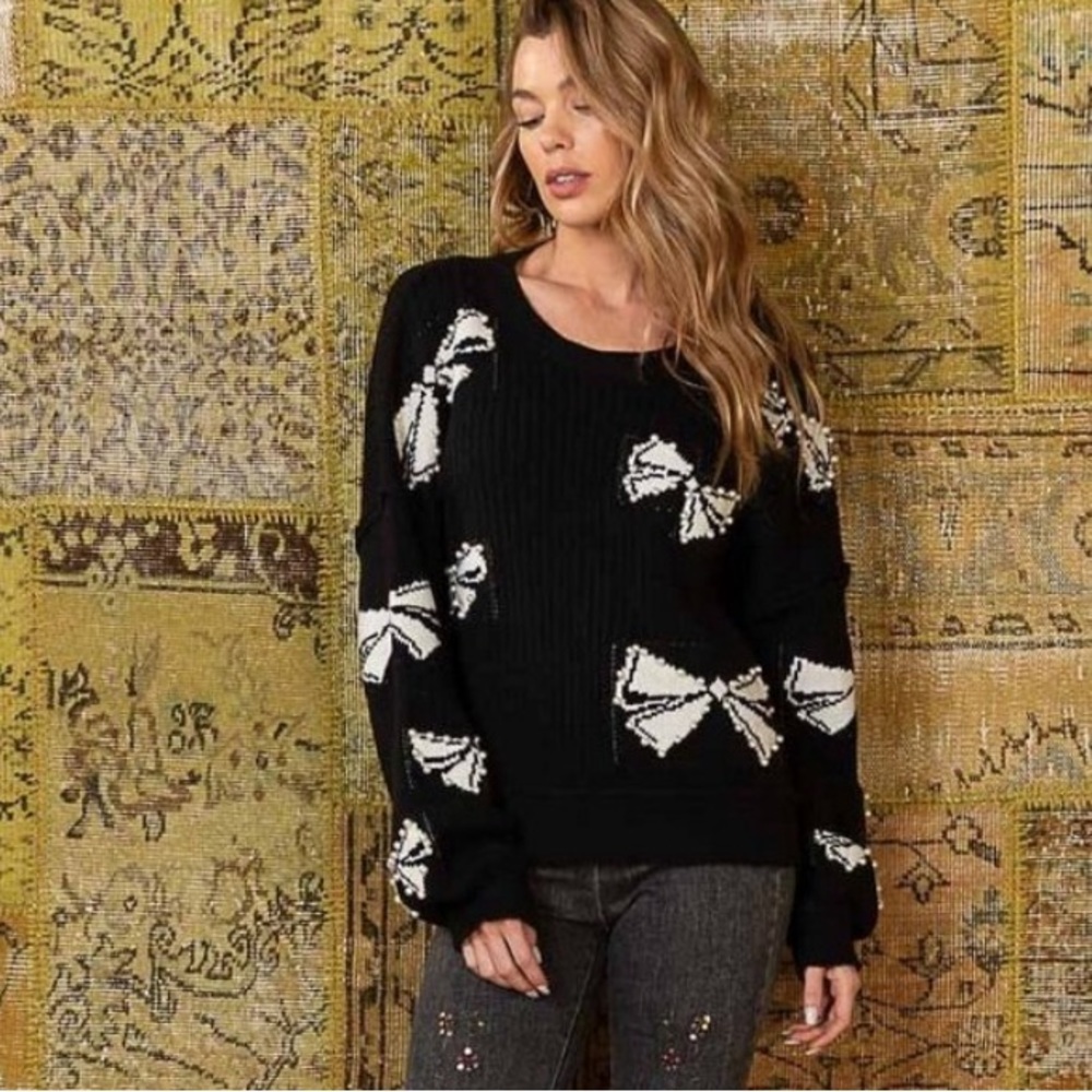 Sold 🔥POL Black holiday bead bowtie rib dolman sleeve sweater Christmas winter - Picture 2 of 6